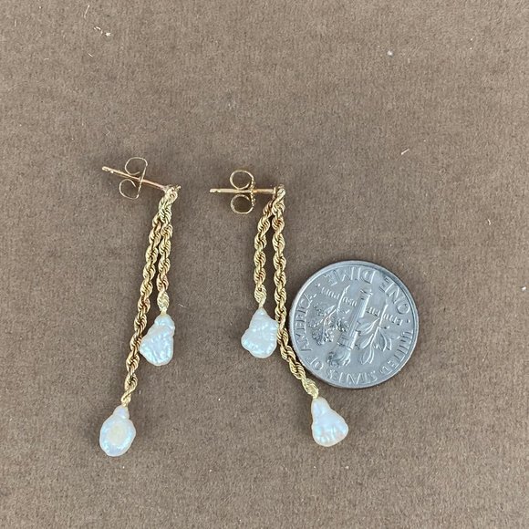 Vintage 14K Gold 1.5 MM Rope Chain Earrings 2 Strands with 3x4MM Rice Pearls - Picture 6 of 6